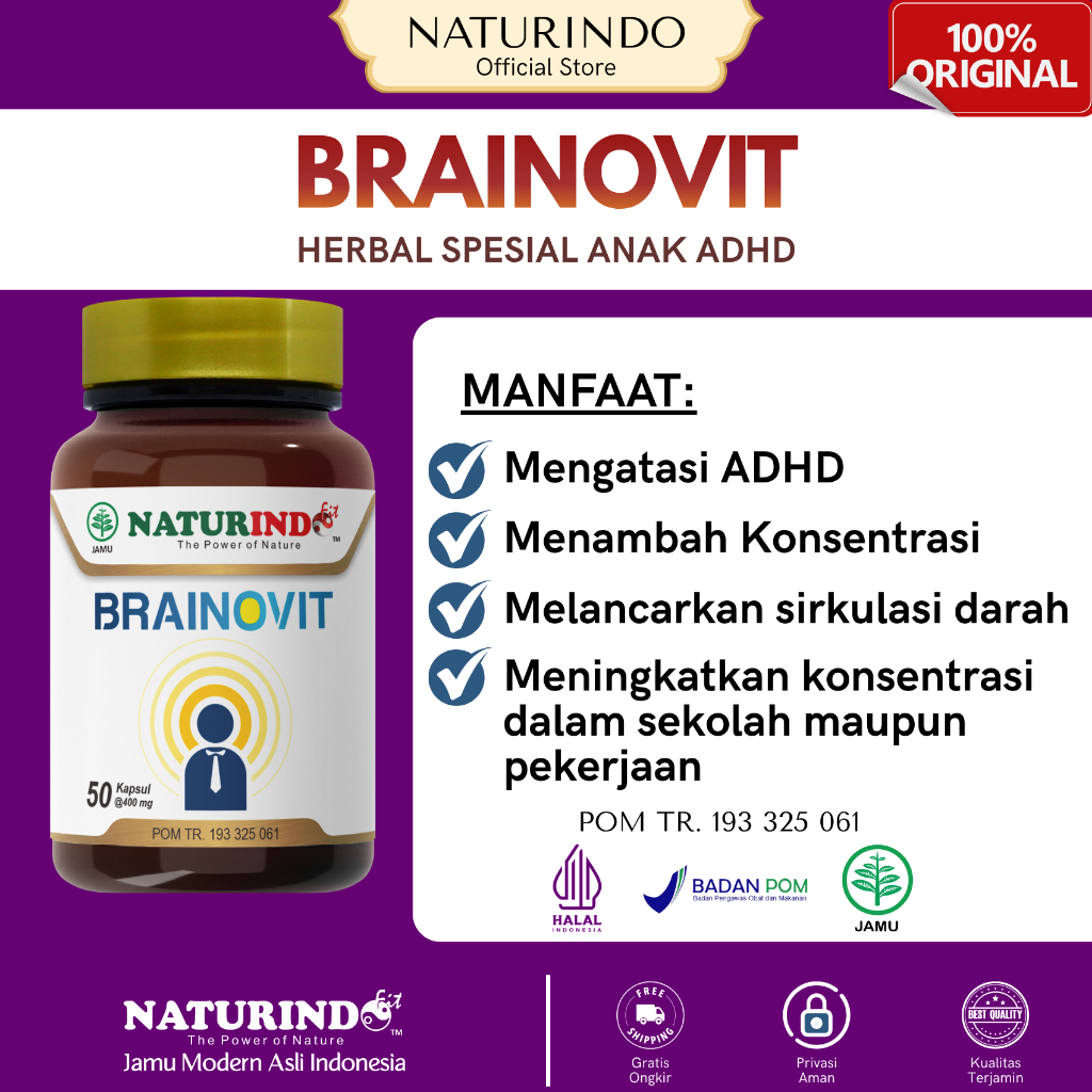 BRAINOVIT - NATURINDO Vitamin ADHD Anak Hiperaktif Nutrisi Daya Ingat dan Kecerdasan Otak Anak