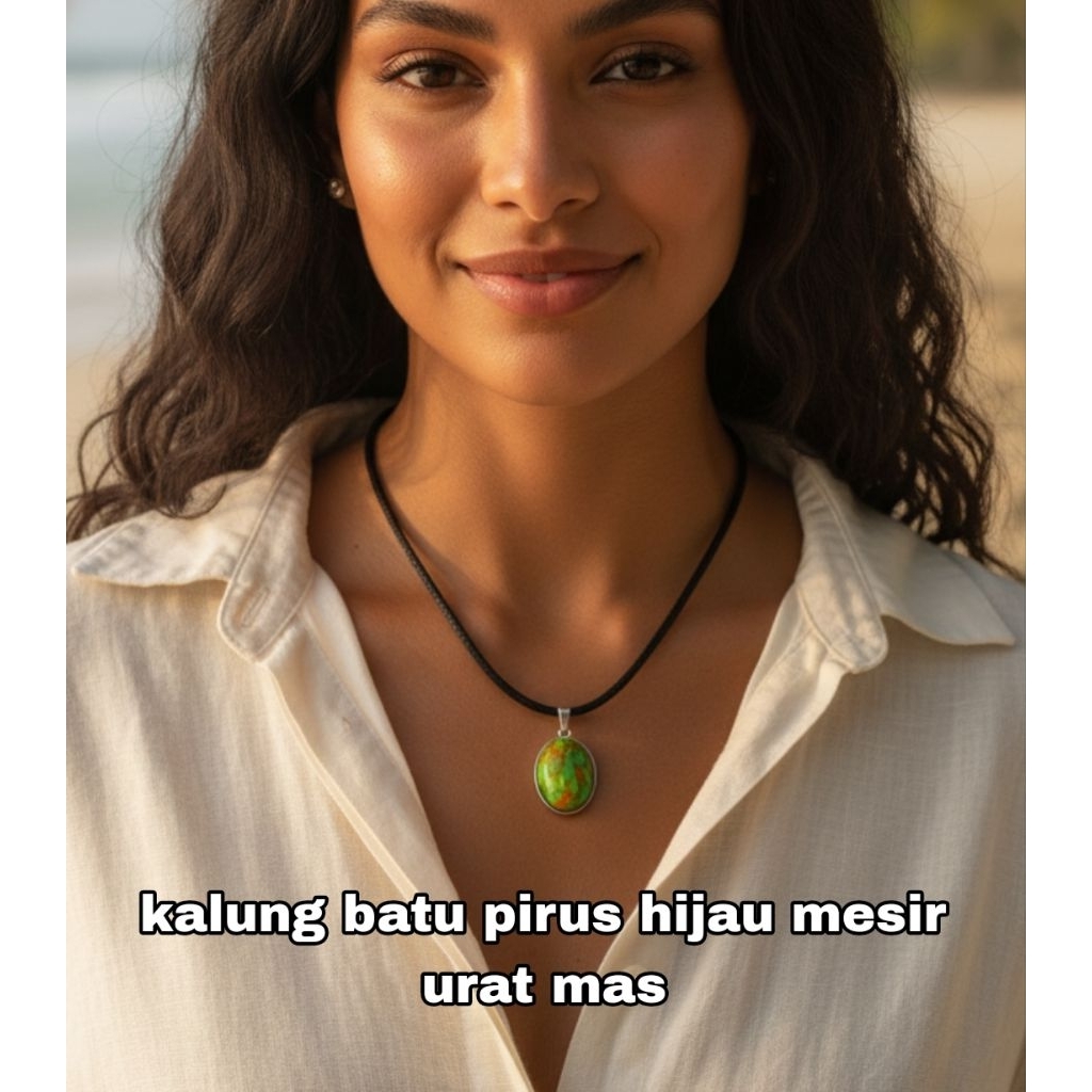 kalung batu akik pirus mesir hijau urat mas tali hitam