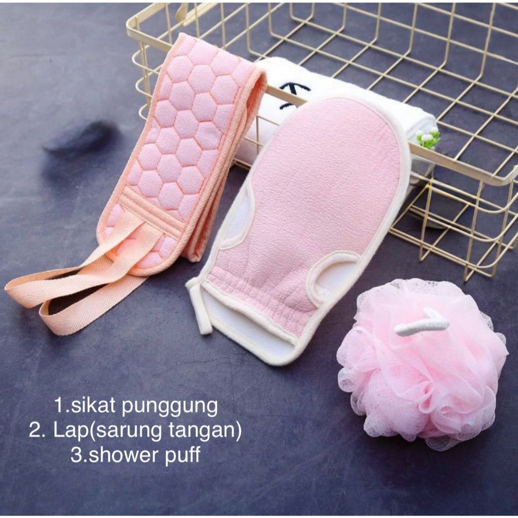 Perlengkapan Mandi satu set Anak dan Dewasa shower puff sikat punggung dan penggosok badan