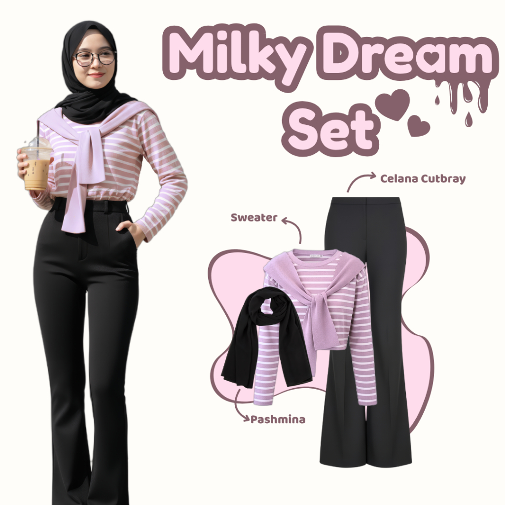 one set wanita remaja ( Sweater Rajut, Celana Cutbray, Pashmina ) setelan outfit wanita, ootd wanita
