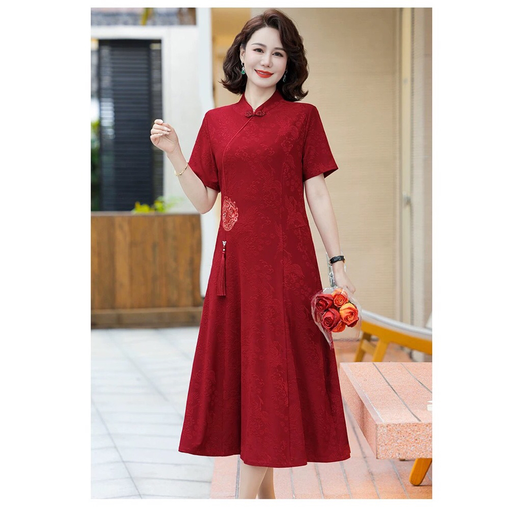Dress Cheongsam Midi Dress Merah Elegan
