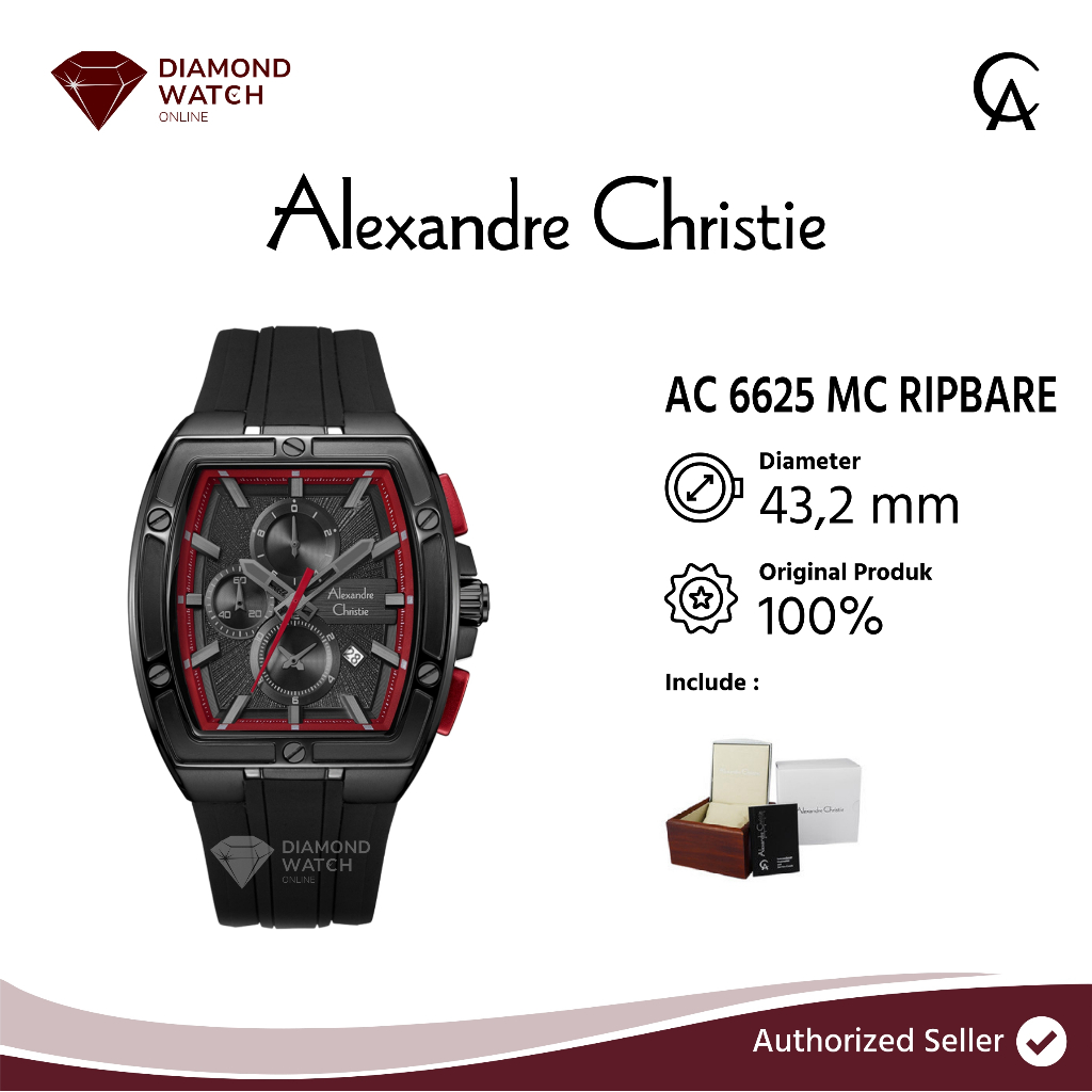 Alexandre Christie Chronograph AC 6625 MC Men Black Red Dial Black Rubber Strap
