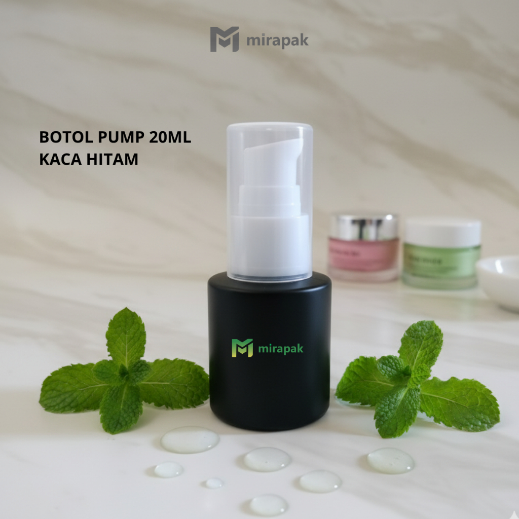 BOTOL PUMP LOTION 20ML HITAM BAHU DATAR KACA TEBAL - TUTUP PUMP PUTIH FULL COVER BENING - SERUM KOSM