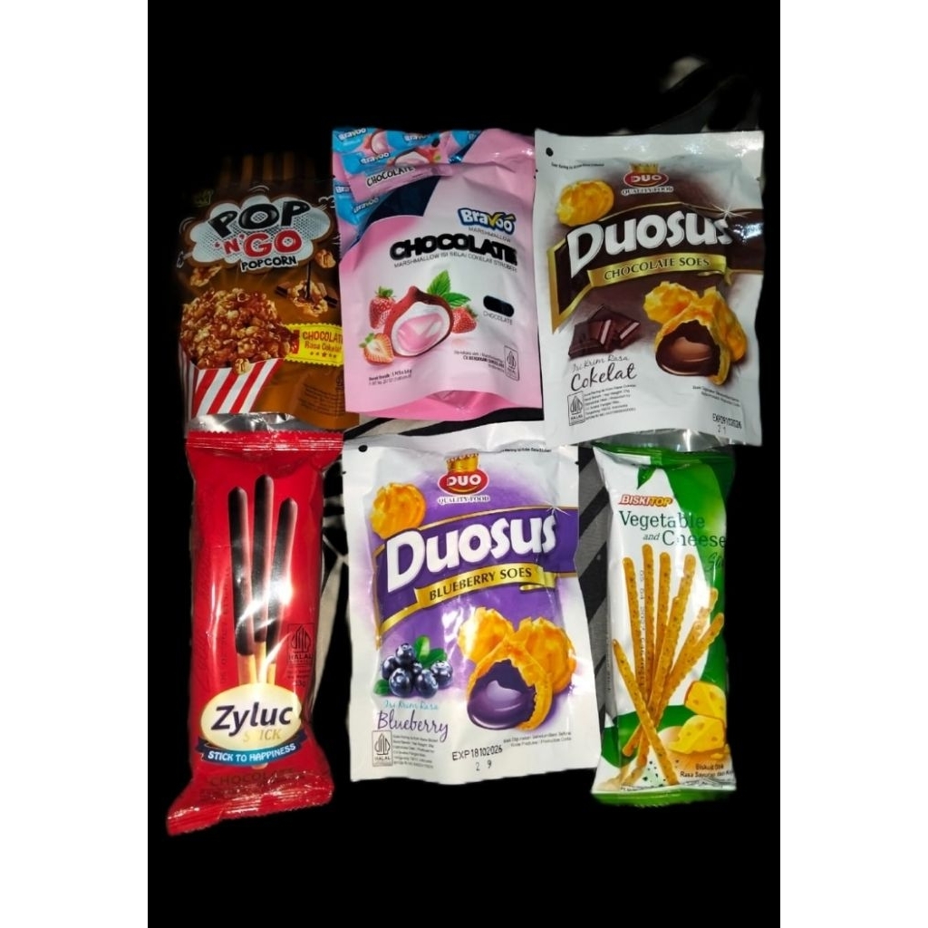 Snack Duosus, Zyluc, Biskutop, Pop Corn, Marshmellow