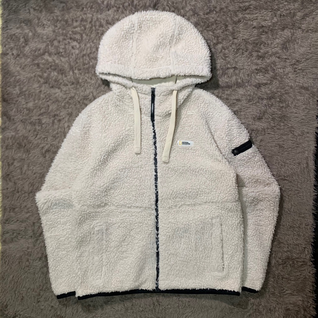jaket zipper hoodie sherpa national geographic patch