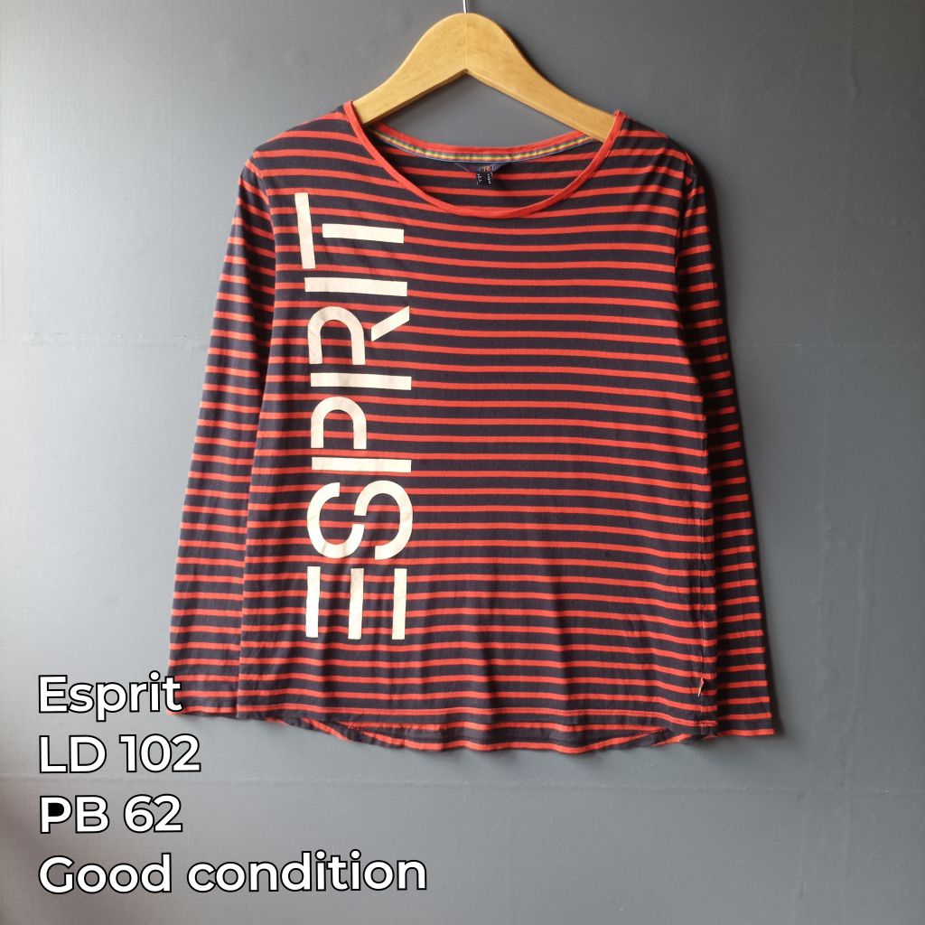 kaos lengan panjang wanita dewasa garis navy marun size L | second branded ESPRIT| bekas pakai