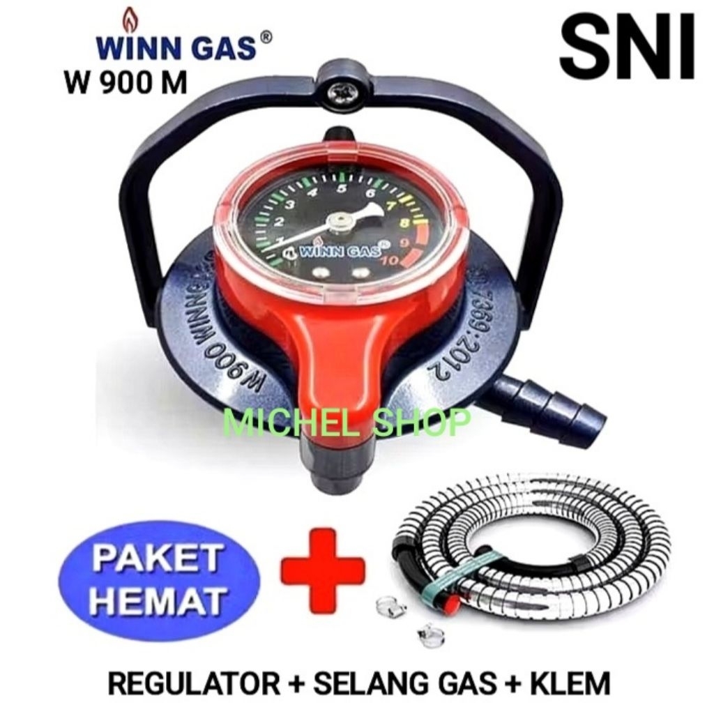 PAKET SNI REGULATOR WIN GAS W - 900 METER / NON METER + SELANG GAS FLEKSIBEL ANTI TIKUS / ANTI BOCOR