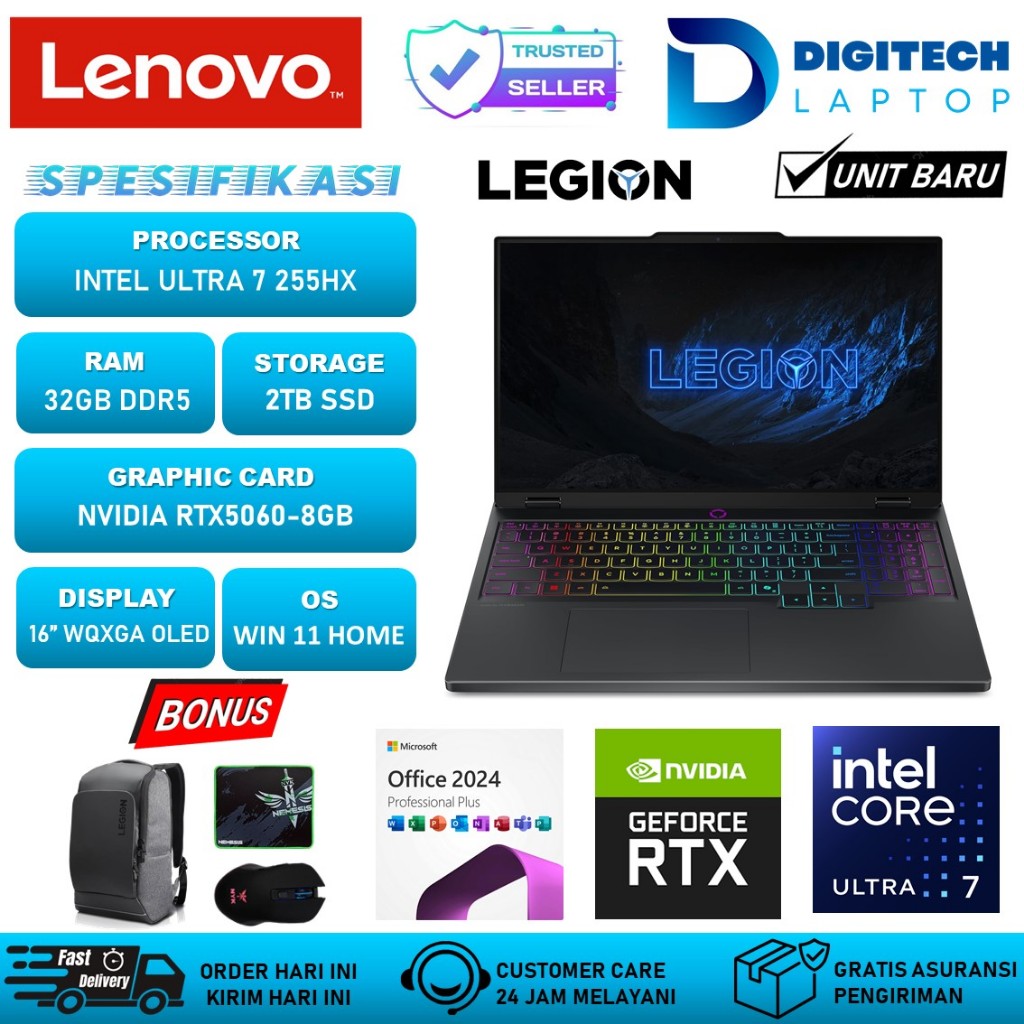 Lenovo Legion Pro 5i Ultra 7 255HX Ram 32GB DDR5 2TB SSD RTX5060-8GB OLED 100% SRGB 165Hz Black