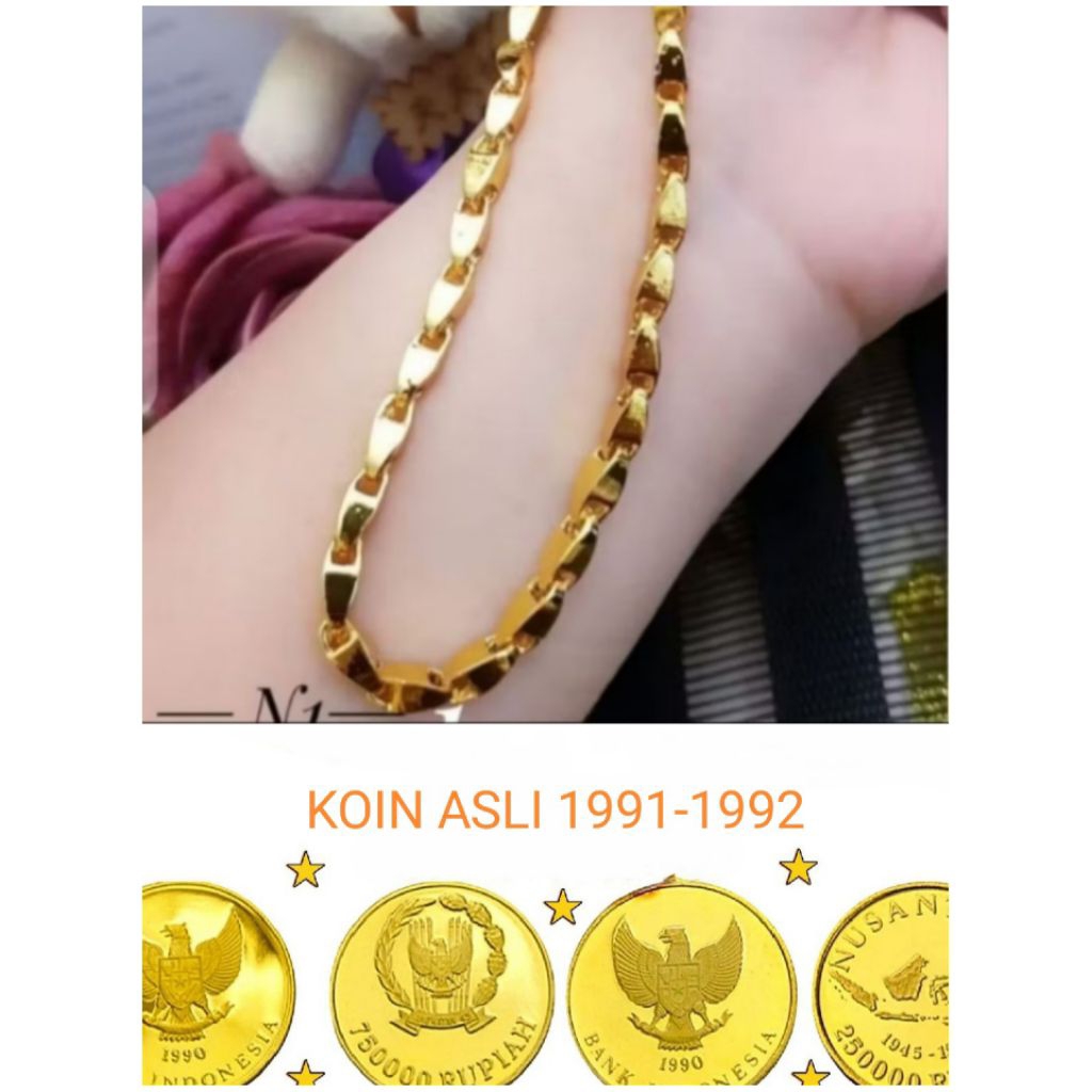 kalung koin asli 1991 warna emas 24 k kalung padi anti karat dan luntur