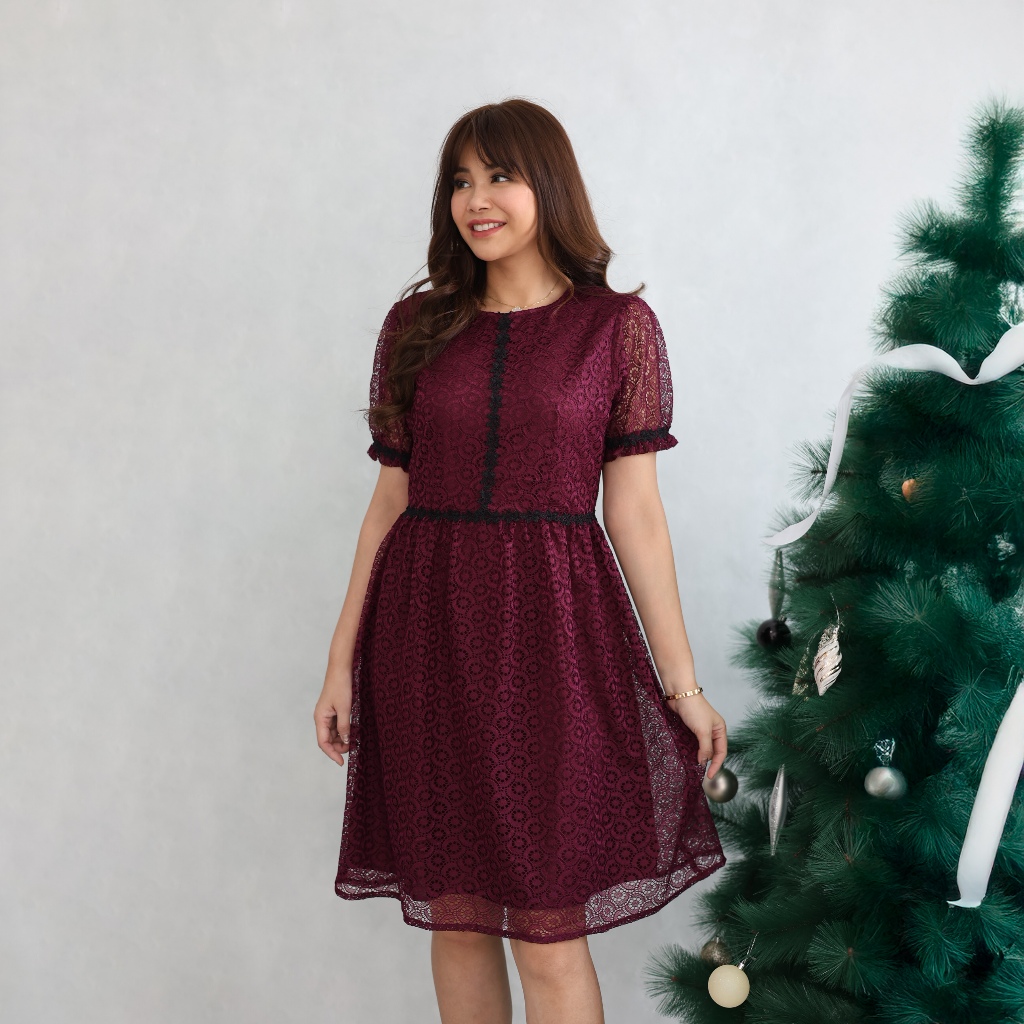 COME Lace Broderie Dress 218 (2 Warna) - Baju Terusan Wanita Kasual Semi Formal Tahun Baru Imlek Chi