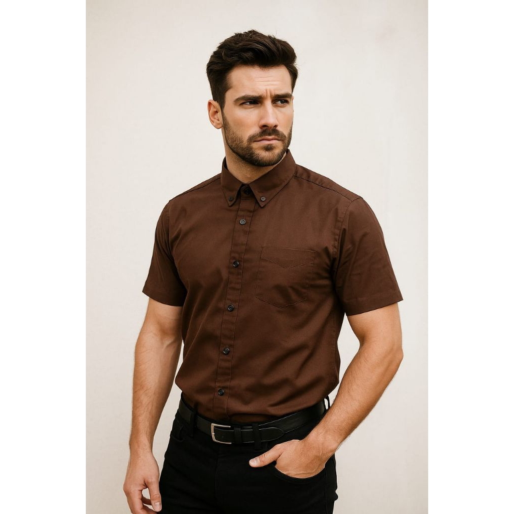 Kemeja Pendek polos pria cowok warna coklat tua coklat kopi