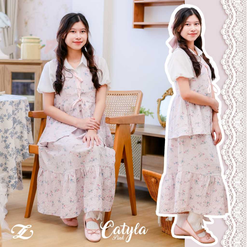 ZLY Catyla One Set Setelan Floral Pink Rok-Outer Tali DePpan Feminin untuk Wanita Hijab & Non-Hijab
