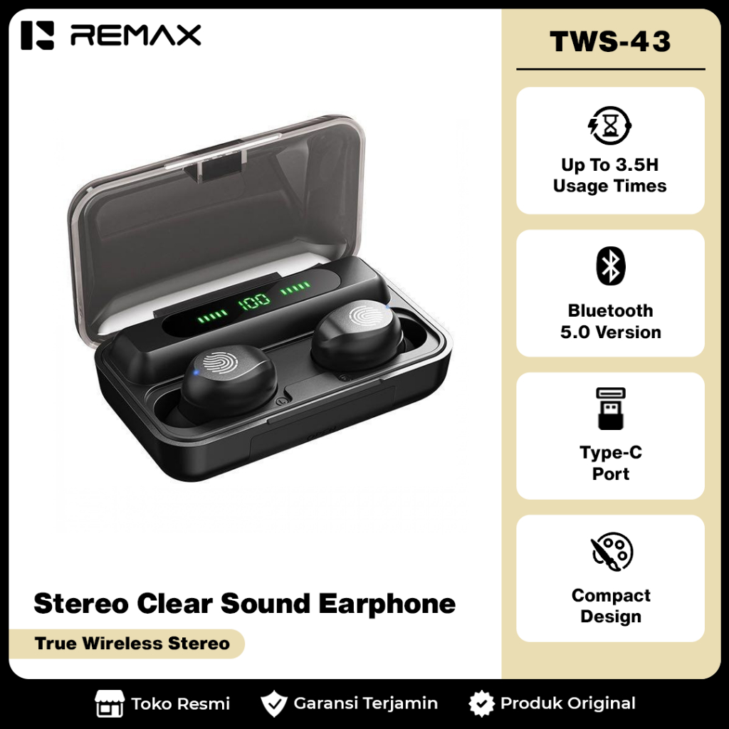 Remax True Wireless Stereo HI-FI With LED Display Case 5,0 Version Bluetooth TWS-43