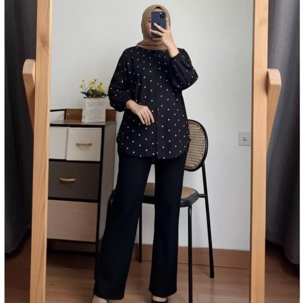 ULRICA POLKADOT SETELAN RAYON MIX CRINCLE WANITA KEKINIAN // SETELAN RAYON ATASAN KEMEJA CELANA KULO