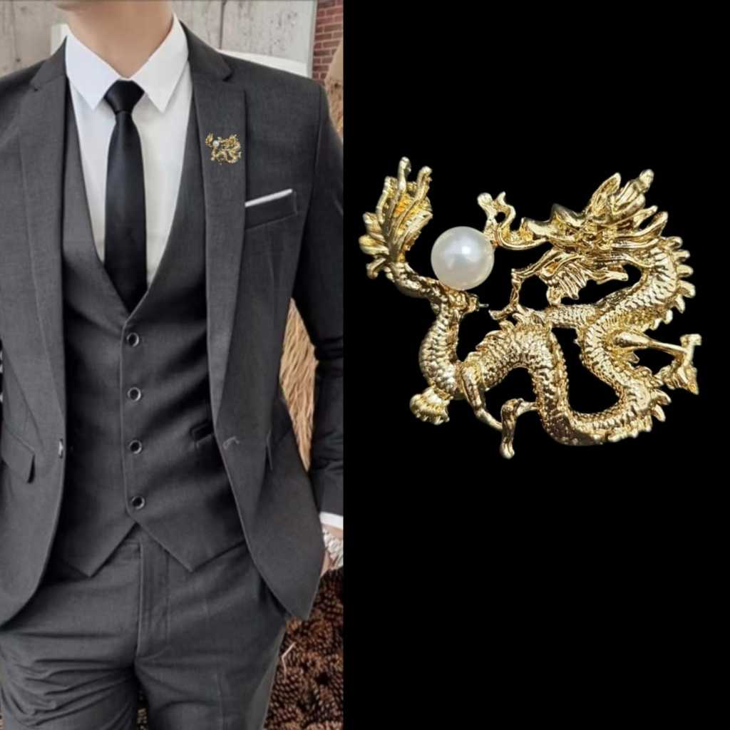Bros naga warna emas Metal Gold Dragon Pin Bros Jas Kameja Tuxedo Mens Pria Classic