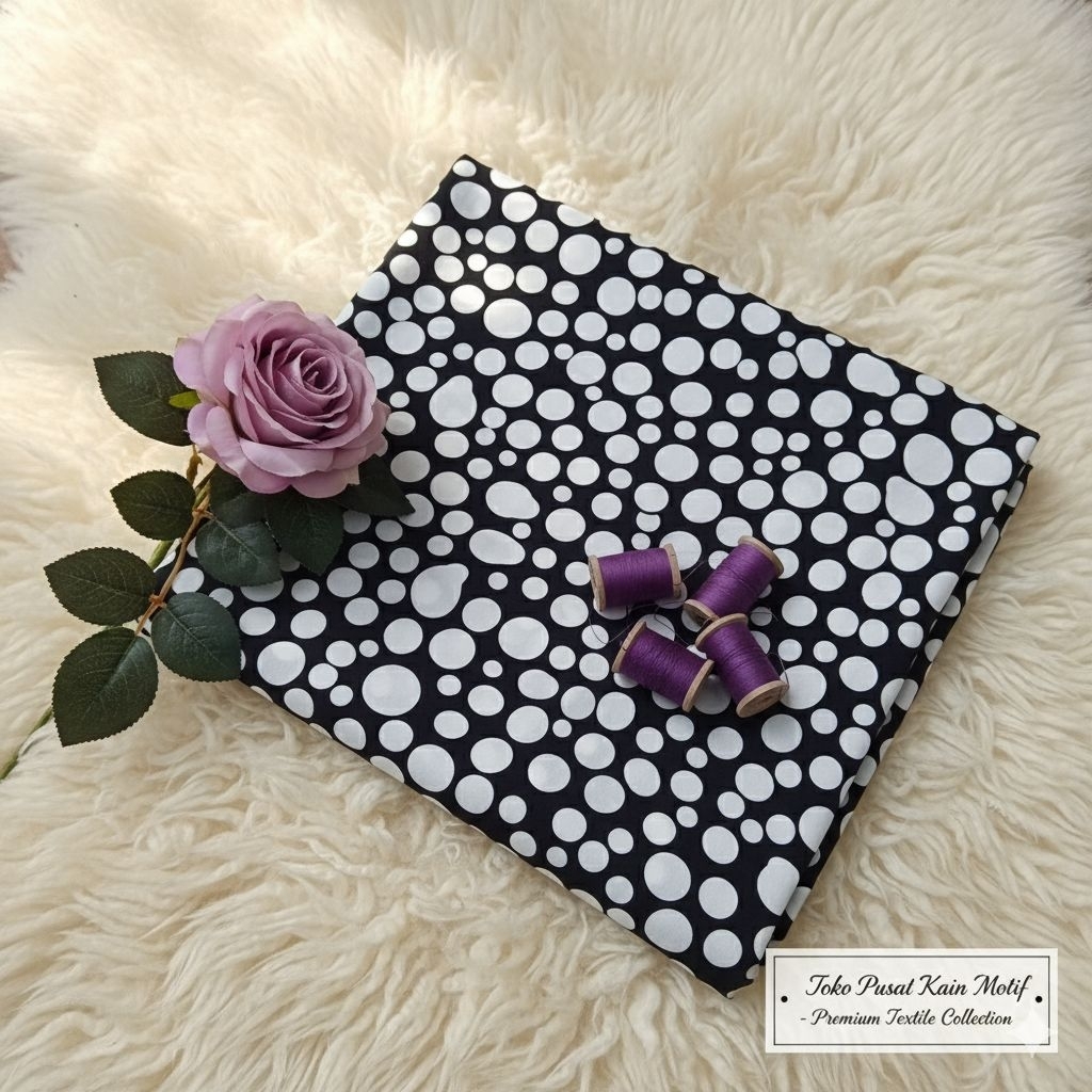 Kain Zara Crepe Printing Polkadot Hitam Putih – Motif Polkadot, Cocok untuk Gamis & Blouse Aj