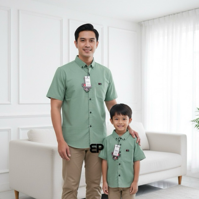 Kemeja couple ayah dan anak lengan pendek warna sage