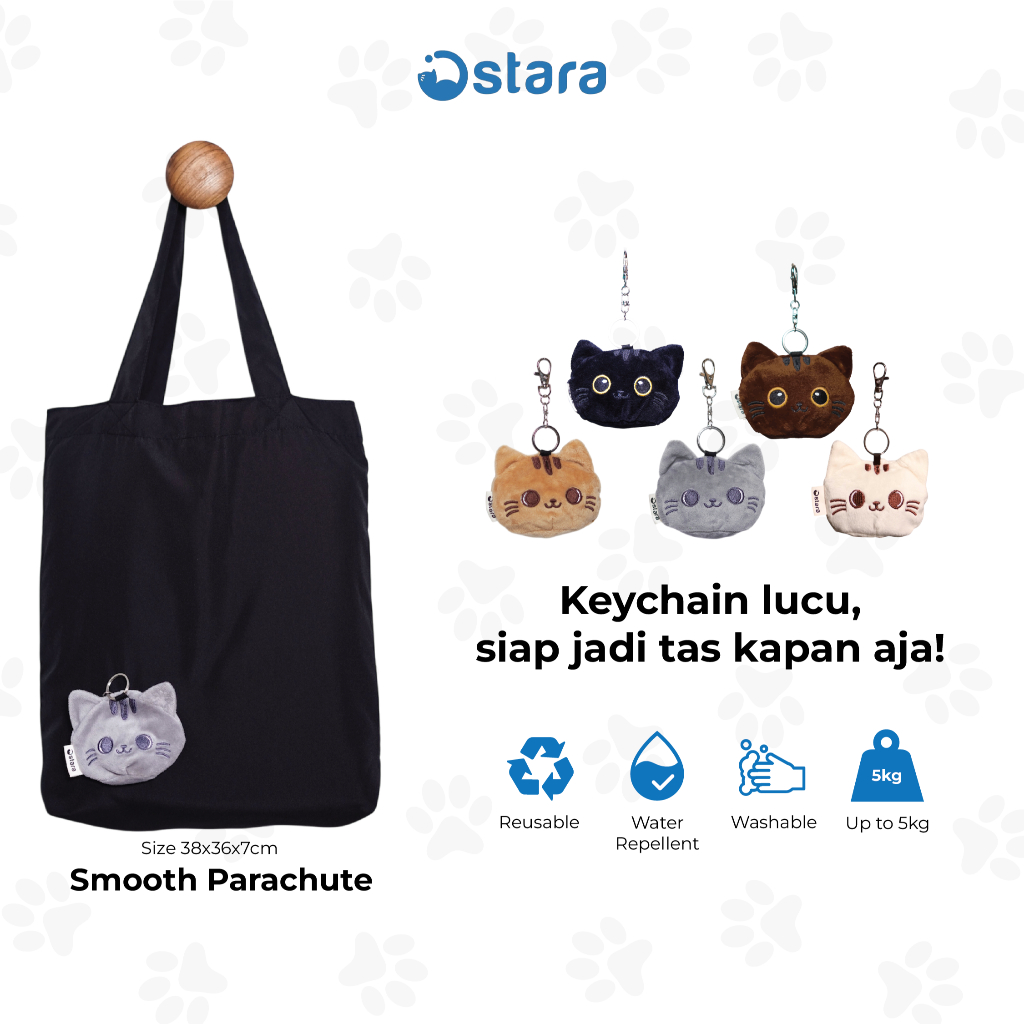 Ostara - Keychain Tas Lipat Lucu Karakter Kucing Tote Bag Parasut Foldable Travel Shopping Bag