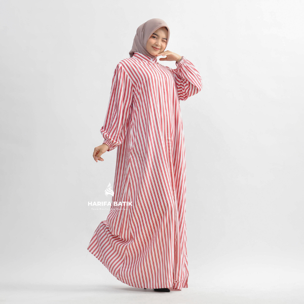 HARIFA BATIK | NAZWA STRIP DRESS SALUR Gamis Lebaran Simple Elegan Adem Busui Muslimah Rayon Premium