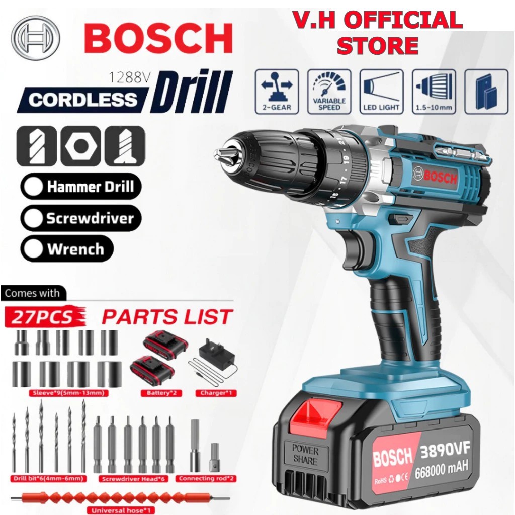 [2025 BARU][BOSCH Cordless Hand Drill / Bor Tembok Baterai (2 Set Baterai) - Bor Listrik Set Lengkap