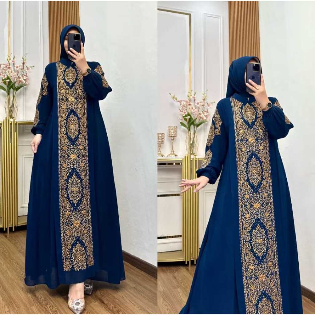 Gamis Set Hijab Zafira Ceruty Premium Bordir Terbaru Kombinasi Payet Mutiara