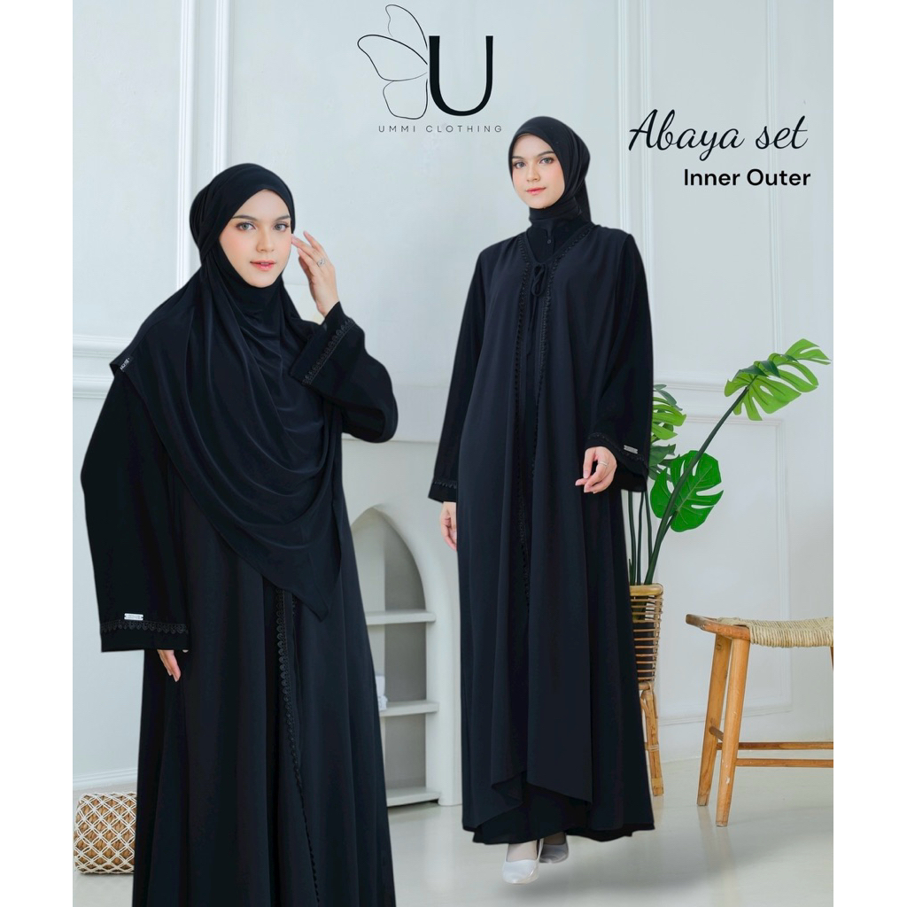 Ummi Clothing - Marwa Abaya | Set Gamis Hitam  Haji umroh / Dress  Inner Outer Renda
