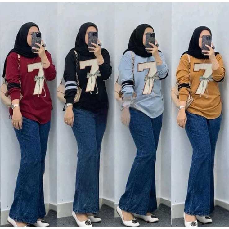 Setelan Kaos Angka 7 & Jeans Kulot Wanita – Bahan Combed 24s Premium