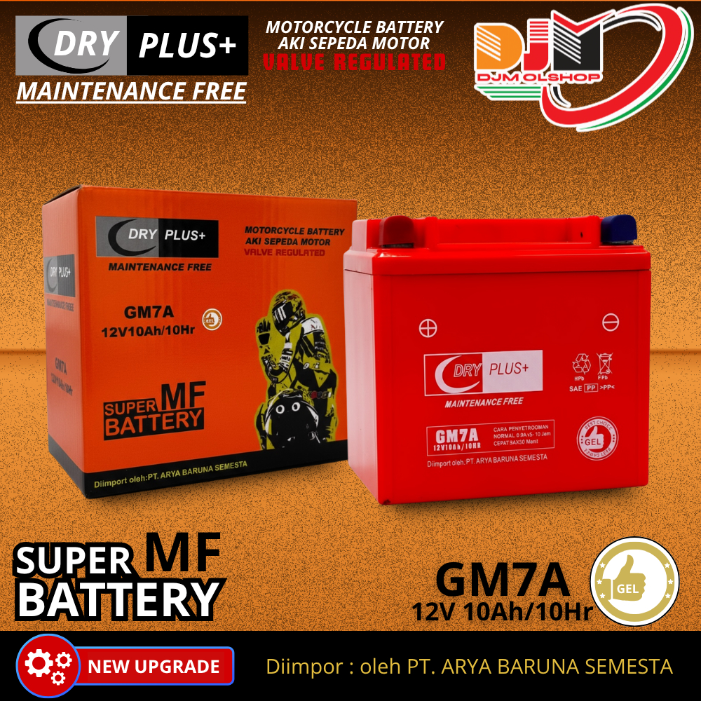 DRY PLUS Aki Kering Motor Bajaj Pulsar 180 200 220, Suzuki Thunder 125, TVS Apache 12V 10Ah GM7A