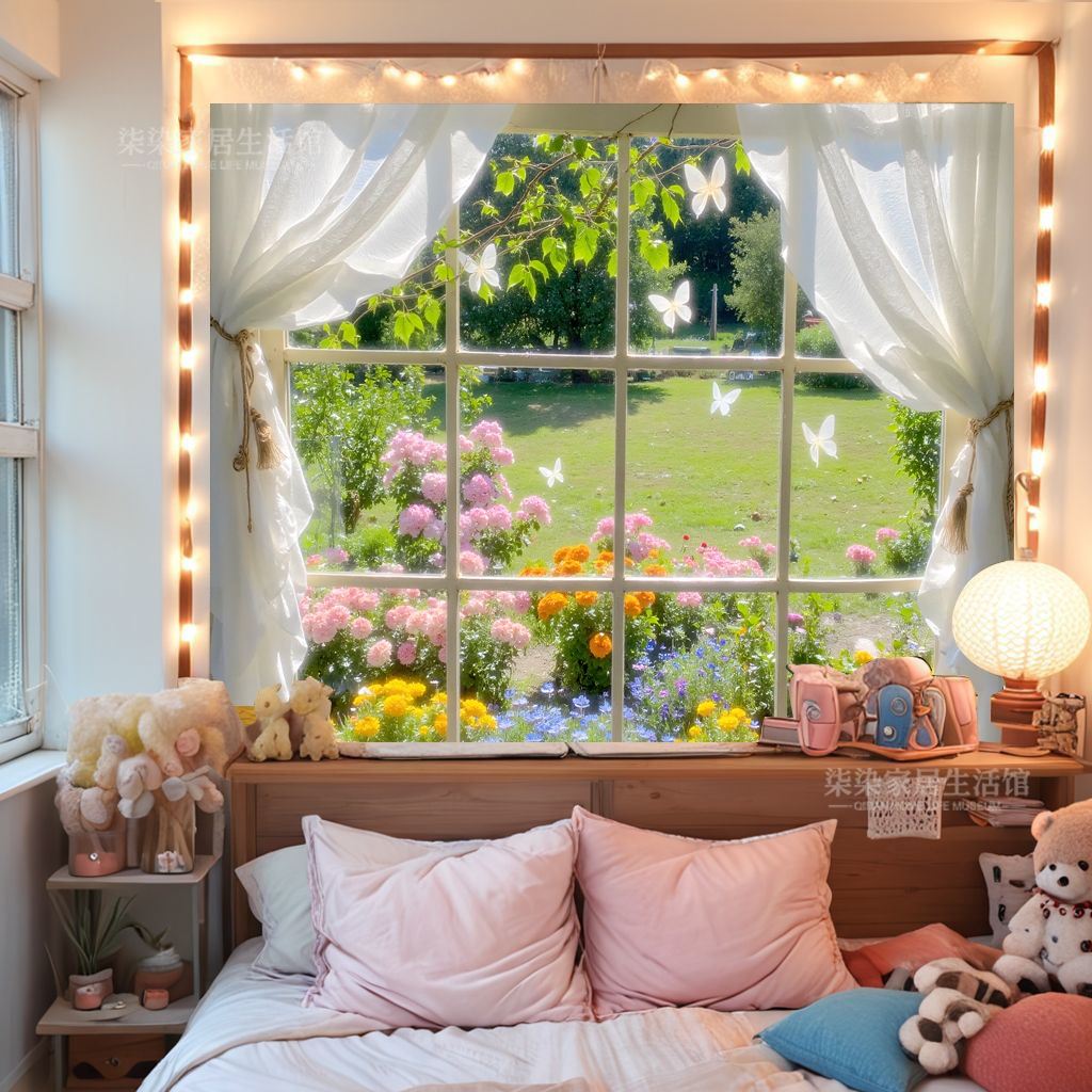 Latar belakang pemandangan jendela yang indah untuk streaming langsung online, permadani dekorasi ka