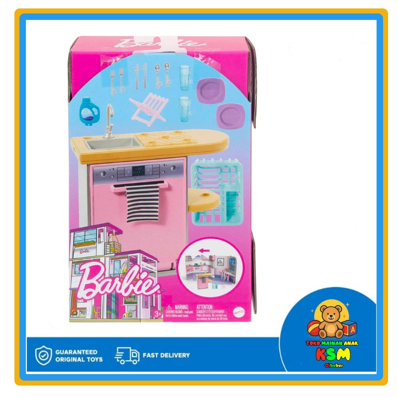 Barbie Furniture Dishwasher Kitchen Set – Aksesori Rumah Boneka Dapur dengan Wastafel dan Meja Dapur