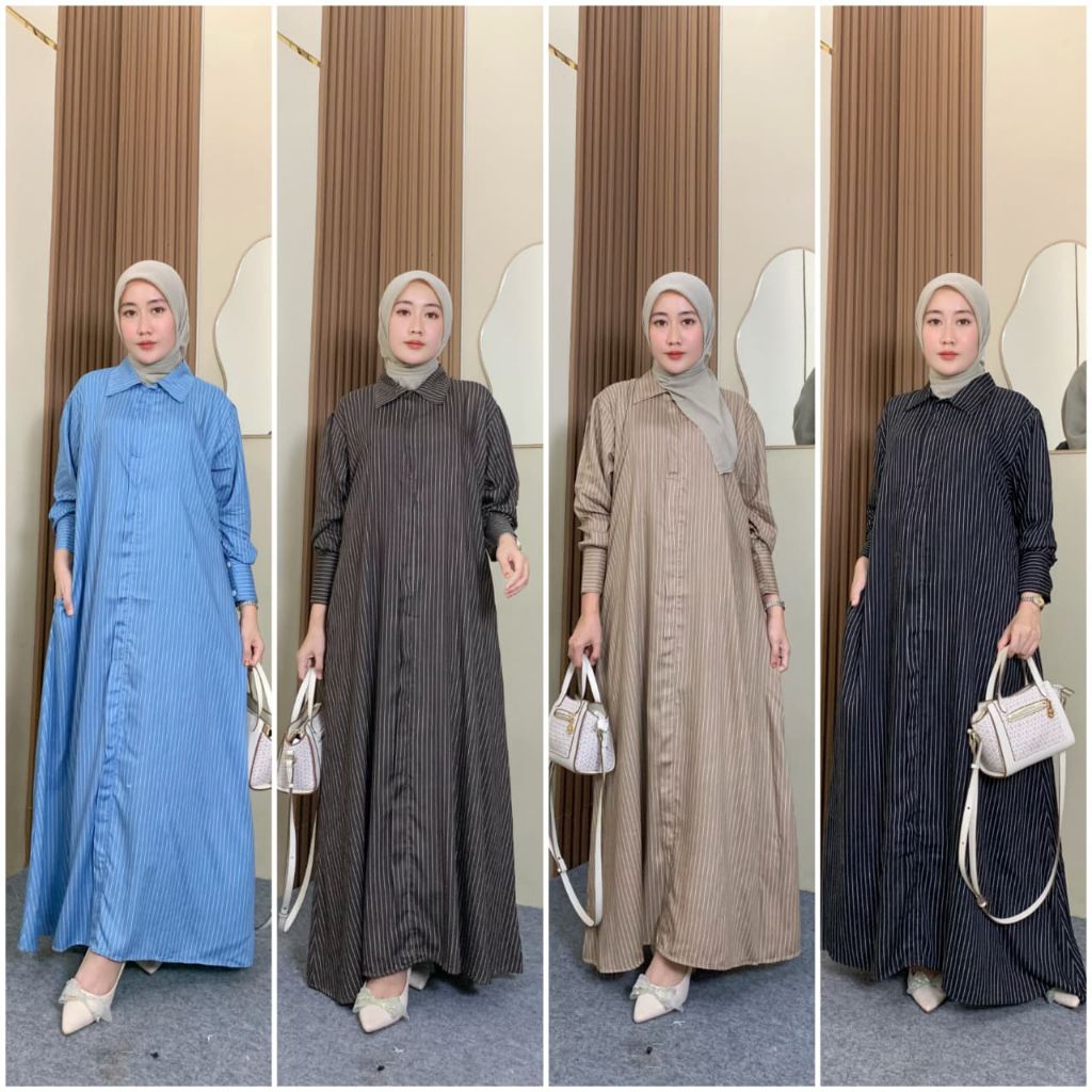 Gamis salur viral/ gamis kerah motif garis garis kecil/ gamis rayon motif stripe setrip/ dress salur
