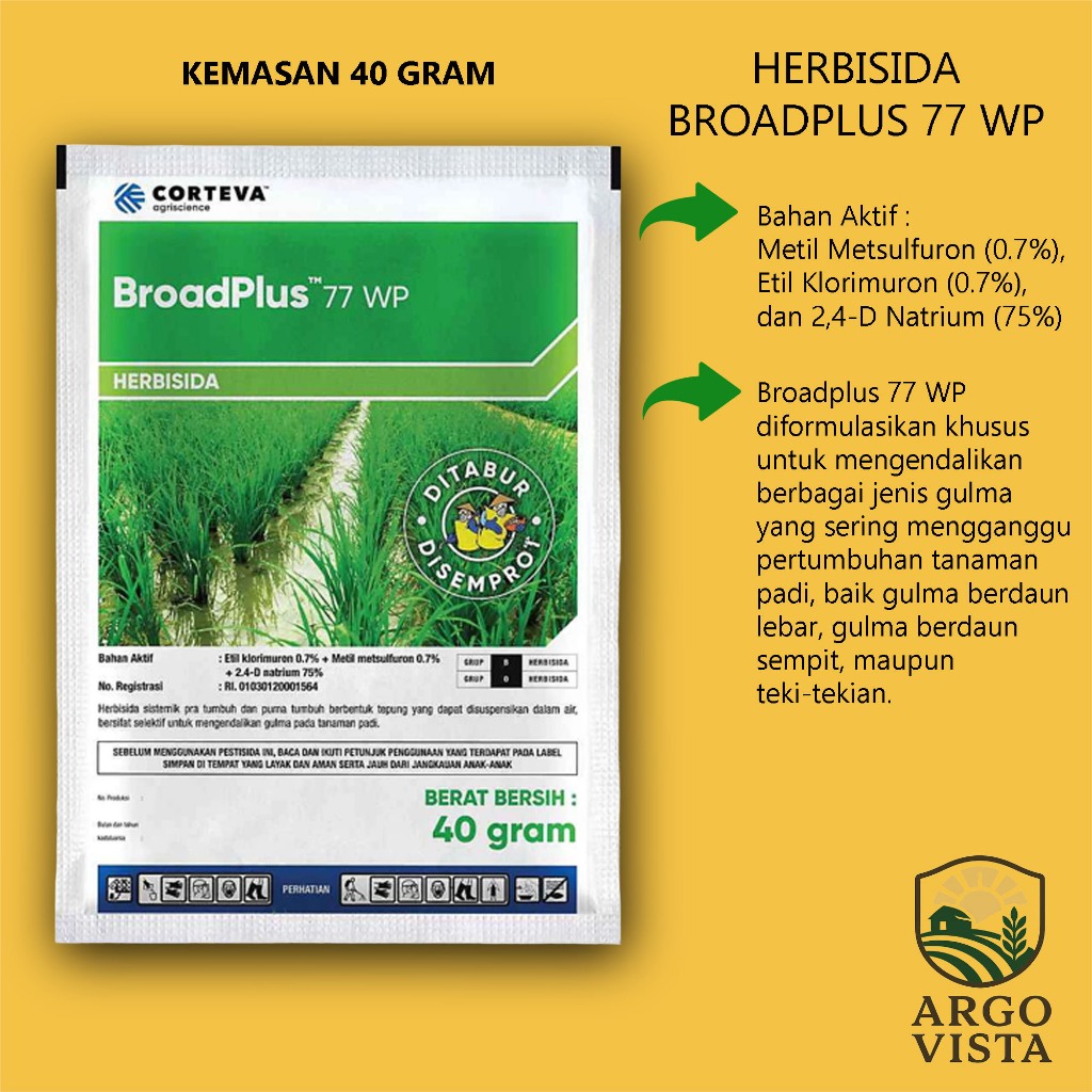 BROADPLUS 77 WP KEMASAN 40 Gram Herbisida Formula Selektif CORTEVA Obat Gulma Padi Rumput dan Teki