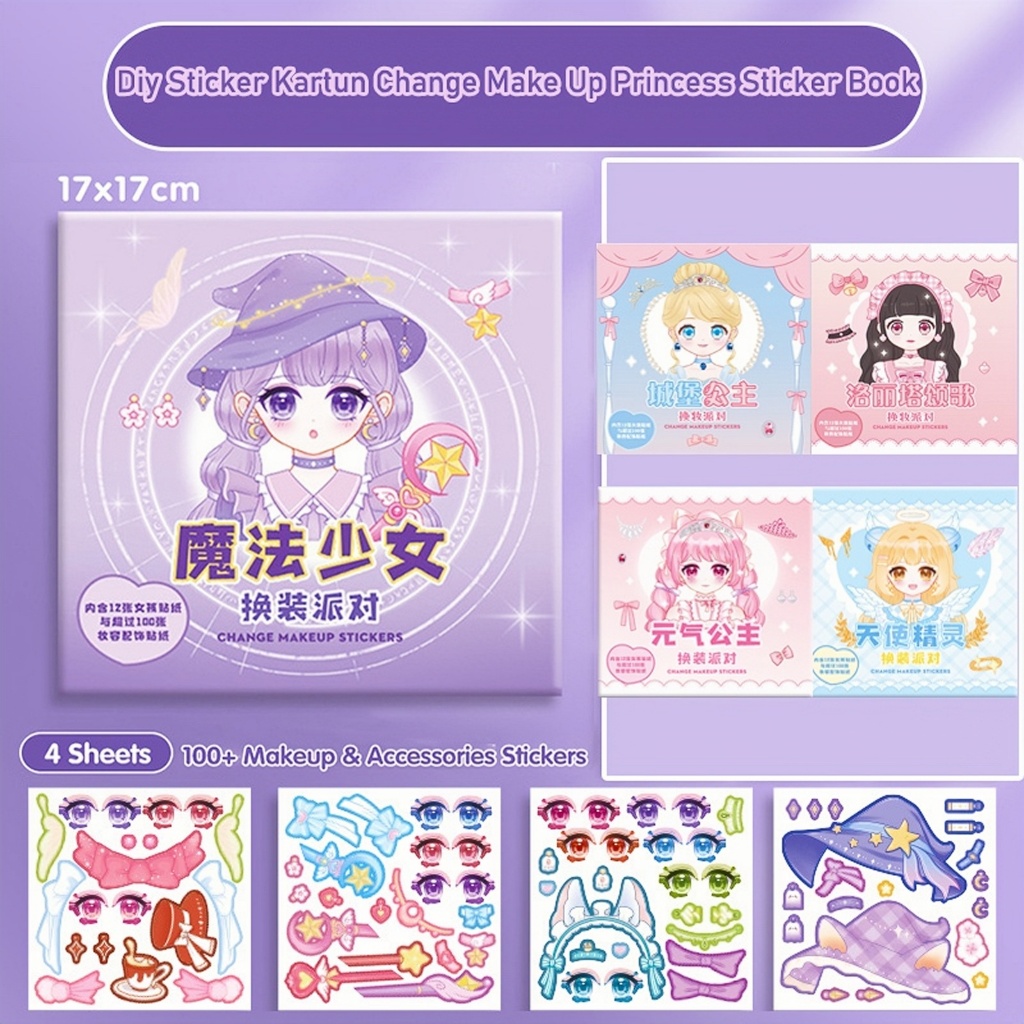 Buku Stiker DIY Kartun Princess Change Make Up Buku Stiker Putri Makeup Ganti Riasan Dengan 4 Lembar
