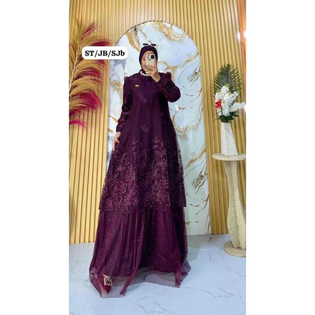 GAMIS SET HIJAB MELAYU BORDIR MIX BROKAT TILE PREMIUM CANTIK TERBARU DRESS MARBELLA PESTA MURAH MODE