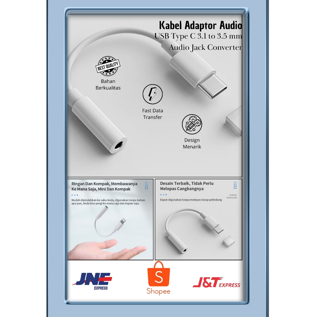 Adaptor USB Type-C ke Jack 3.5mm | Converter Type-C ke AUX Headset HP Plug & Play