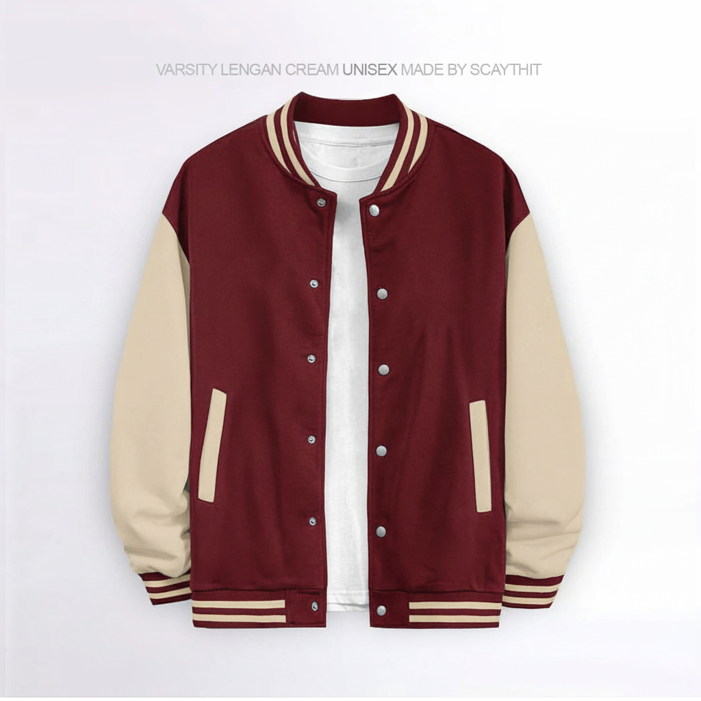 Scaythit - Jaket Varsity Polos Marun Cream Unisex ( Pria - Wanita ) Jaket Varsity Kancing