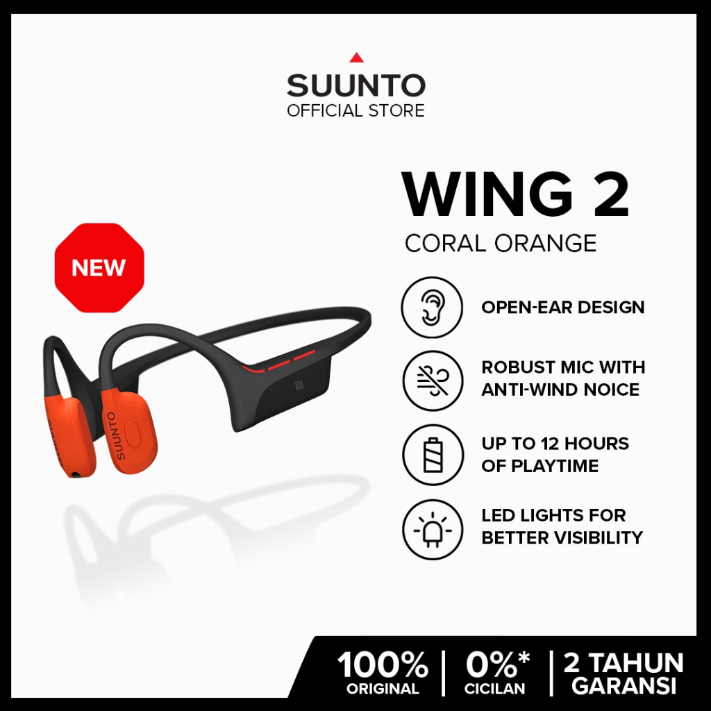 Suunto Wing 2 Coral Orange - Open-Ear Bone-Conduction Headphone | IP66 Waterproof | 12h Playtime + P