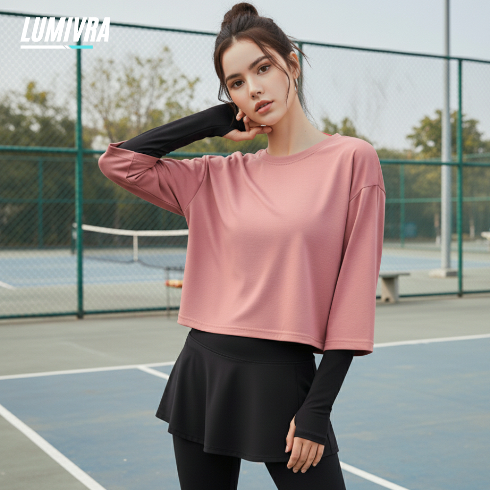 Baju Kaos Crop Top Oversize Olahraga Wanita Lengan 3/4