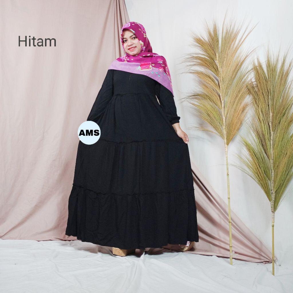 Batik Altha MS Gamis Batik Premium Polos Tebal Adem Rempel Susun Dress Wanita Warna Hitam Lengan Pan