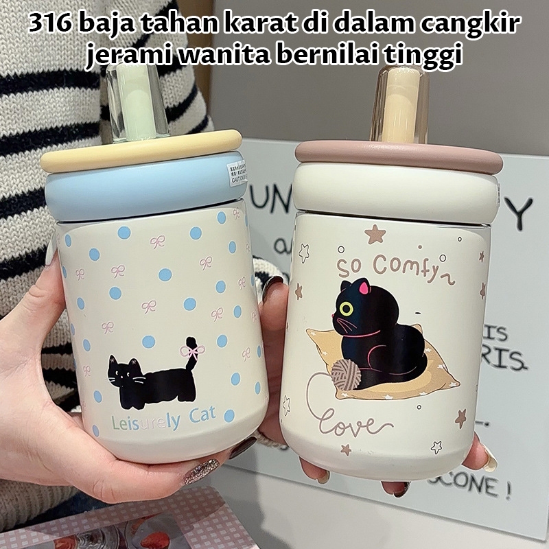 Straw Bottle Tumblr SUS 316 500ML Anti Bocor | Desain Kucing Lucu Imut | Cocok Hadiah & Travel