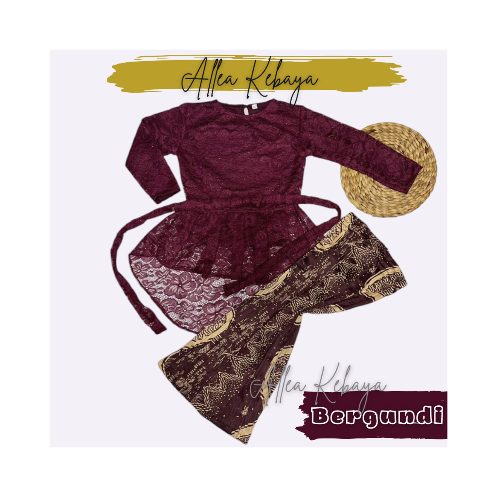 Kebaya Anak perempuan satu setelan bahan brokat rok plisket usia 3 tahun sampai 14 tahun