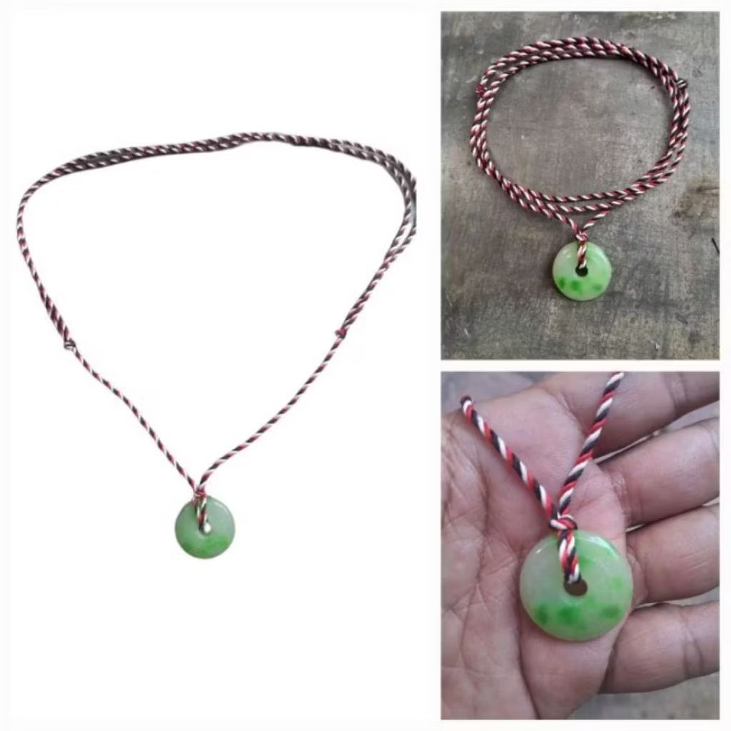 Kalung Tali Tridatu Bandul Batu Giok Hijau Bulat Terbaik