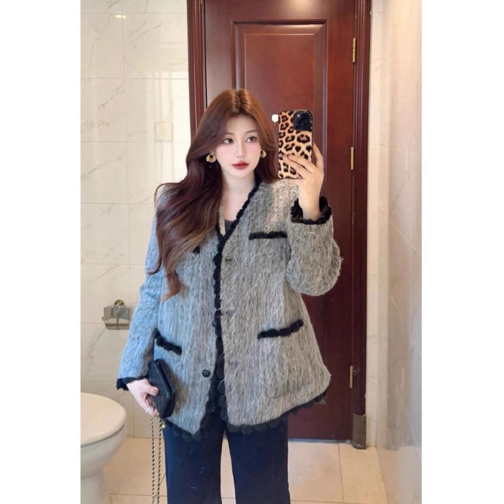 The0ne_ COAT WOOL JUMBO || Outer Coat Wool Gray List Furballs || Blazer Wool Abu-Abu Lis Pom-Pom Bul