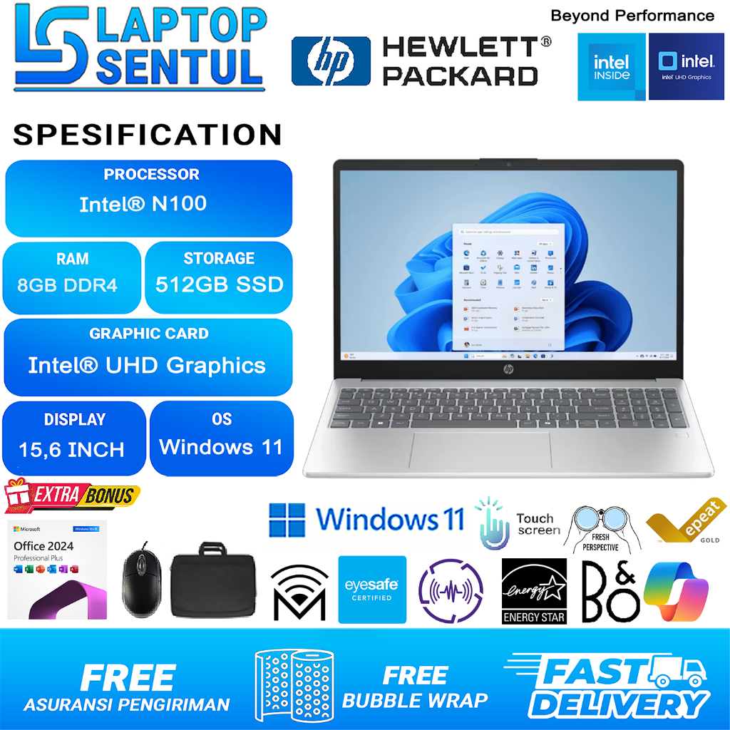 Laptop Touchscreen Hp 15 intel N100 Windows 11 Office 2024 Blue