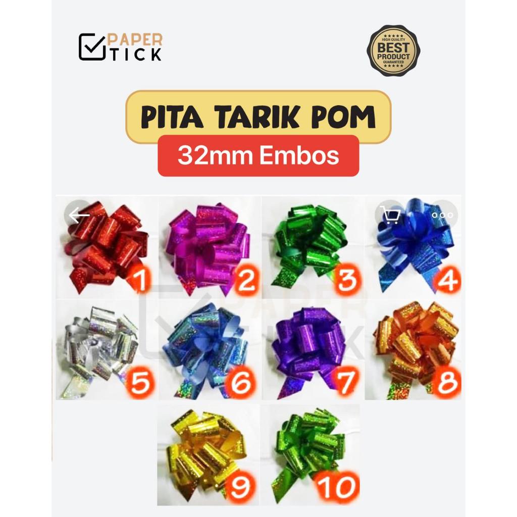 Pita Tarik Pom 32mm Hiasan Parcel Kado Souvenir Pita Tarik / Pita Serut / Ribbon Pita Tarik Pom Meta