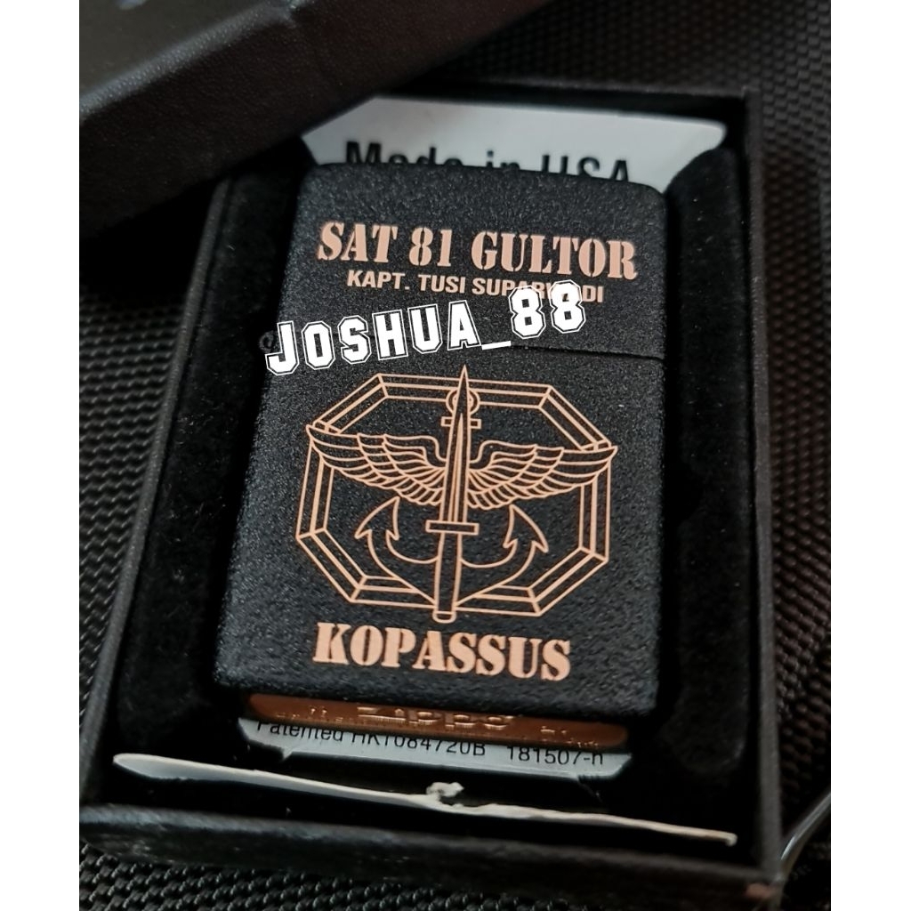 Zippo Custom Korek Api Ukir Logo Sat 81 Gultor TNI Black Cracle Bisa Ukir Nama Sendiri