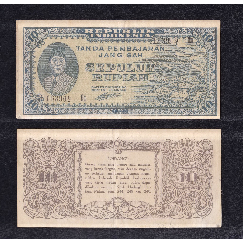 Uang kuno 10 rupiah tahun 1945 seri Oeang Repoeblik Indonesia (ORI-I).