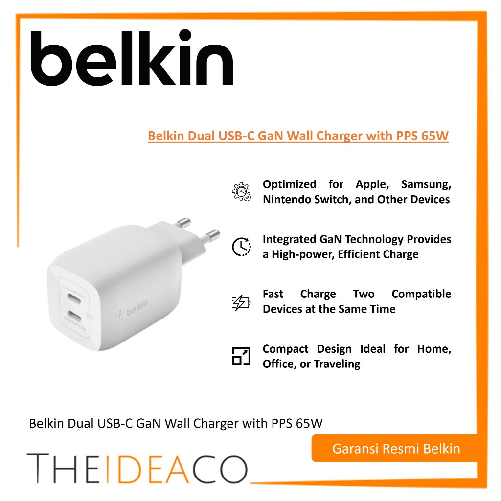 Belkin Dual USB-C GaN Wall Charger with PPS 65W (WCH013krWH)