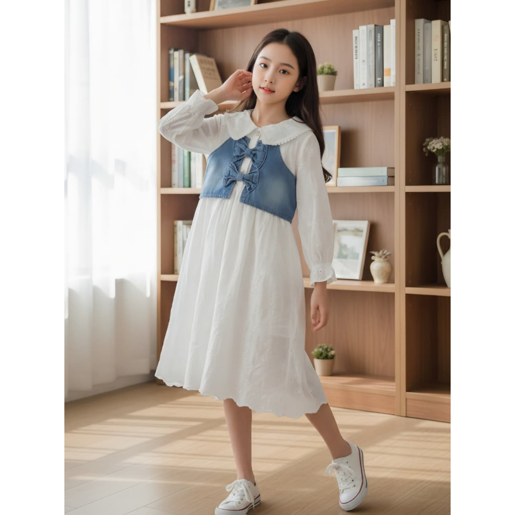 Dress Anak Perempuan Import Katun Bolong (Katbol) Panjang + Rompi Jeans Denim 2in1 Model Kekinian Ko
