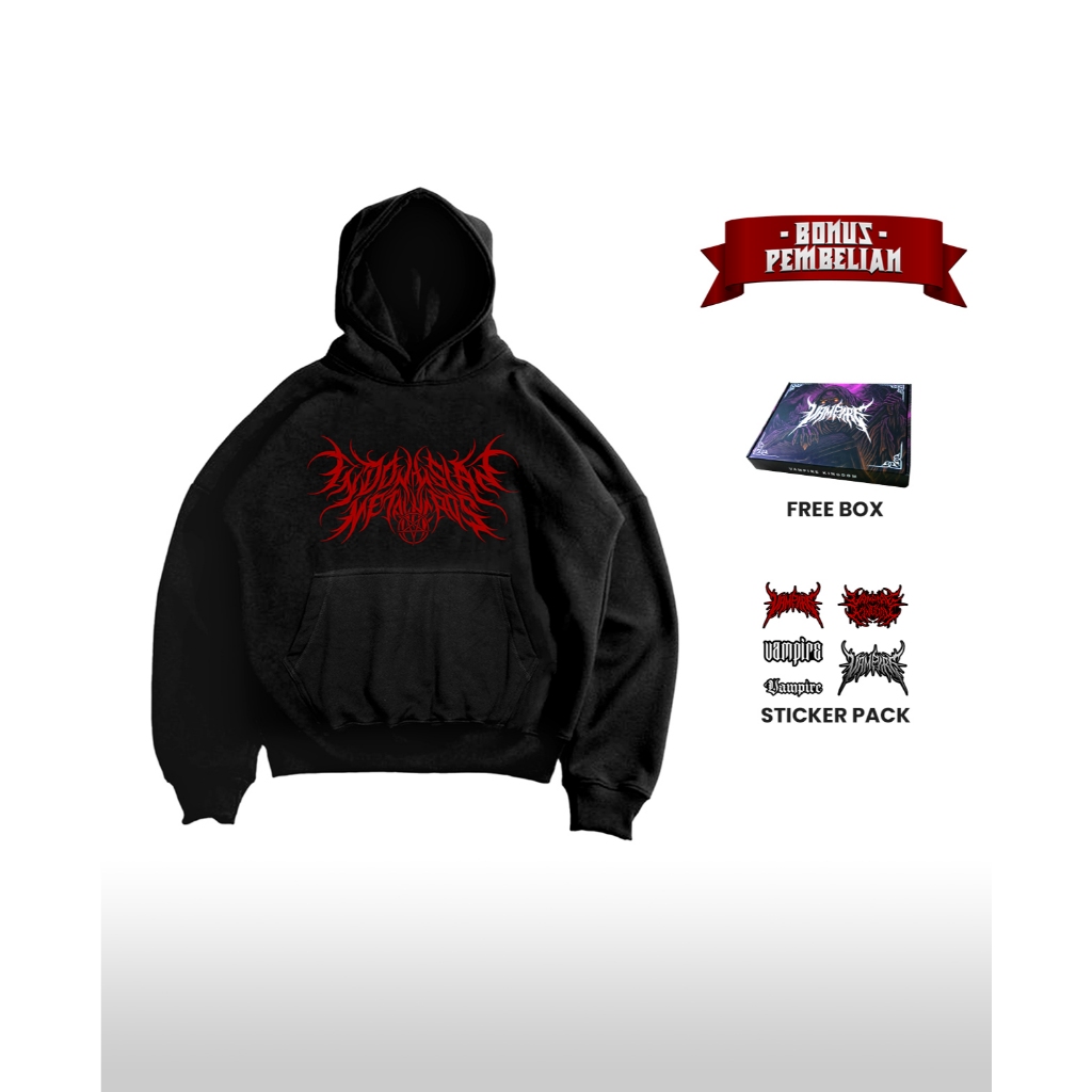 Hoodie Boxy Oversize Pria Wanita Katun Fleece 330 Gsm Metalheads Hitam Vampire Kingdom Sweatshirt Ju